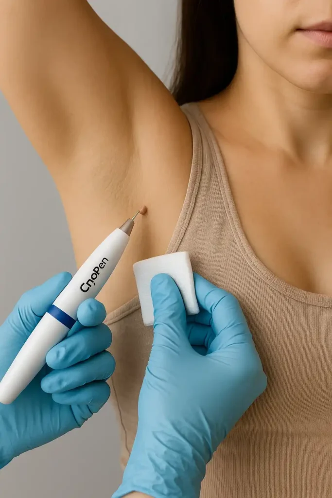woman having cryopen to remove underarm skin tags Ruislip