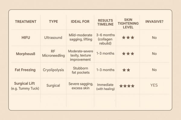 Table showing the comparisons of Skin tightening Ruislip treatment options.